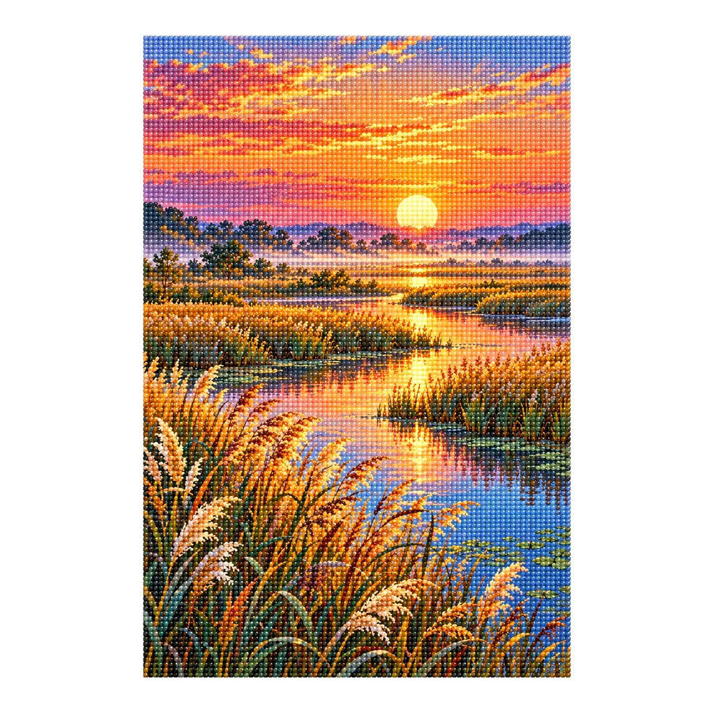 Finished diamond painting of sunrise over a quiet wetland with golden reeds and still water on a white background.