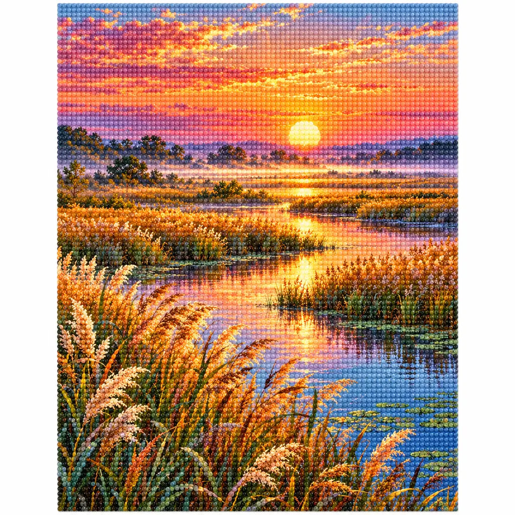 Finished diamond painting of sunrise over a quiet wetland with golden reeds and still water on a white background.