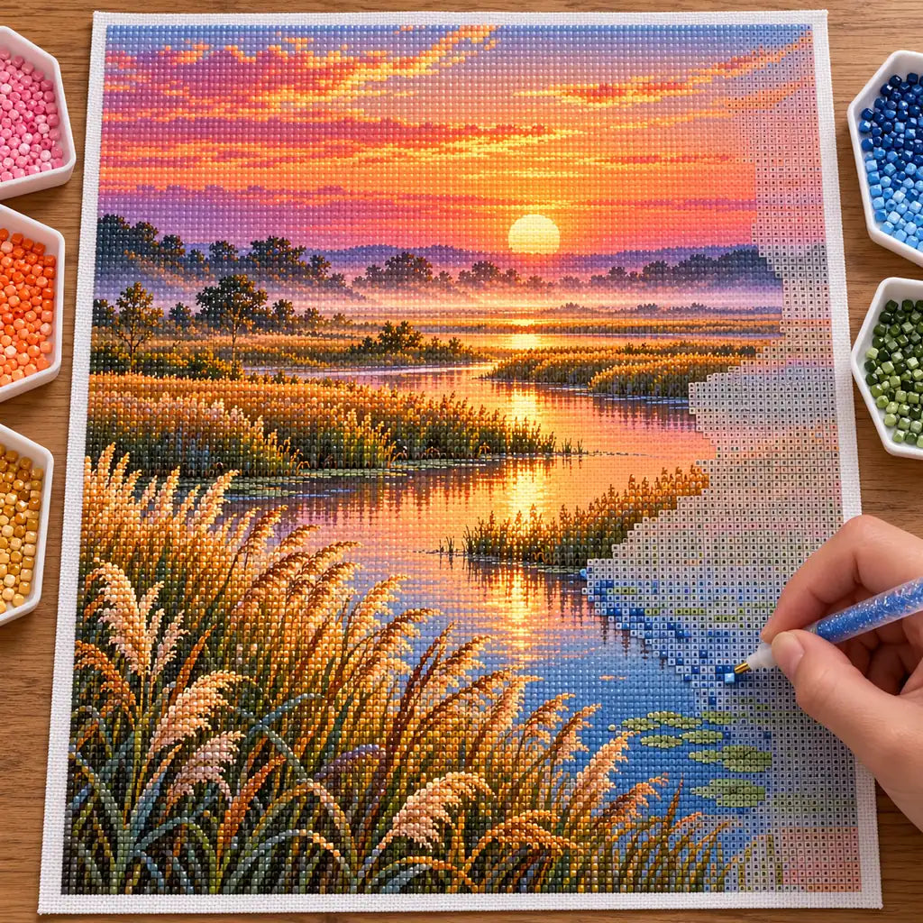 A hand places drills on the Sunrise Marsh reeds diamond painting canvas.
