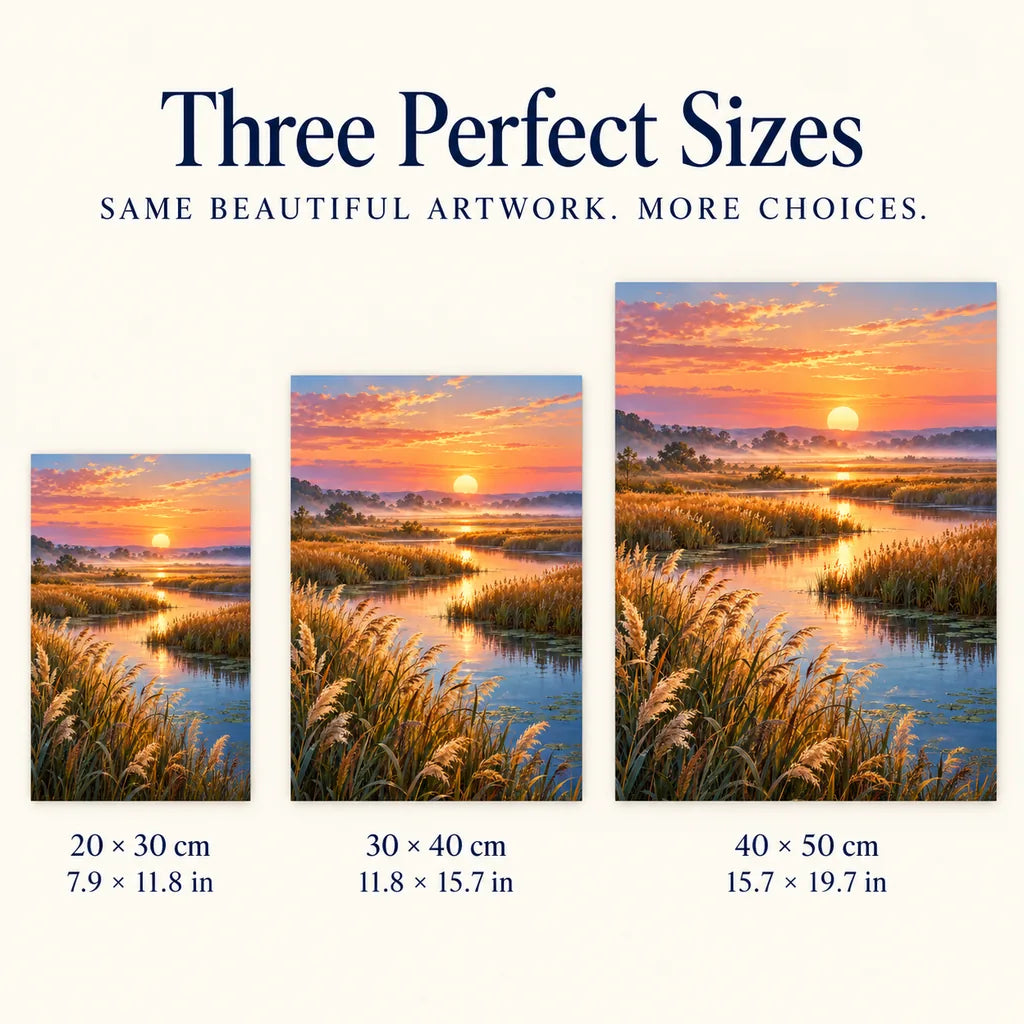 Sunrise marsh design shown in 20 × 30 cm, 30 × 40 cm, and 40 × 50 cm sizes.