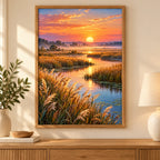 Framed Sunrise Marsh reeds diamond painting displayed in a calm living room.
