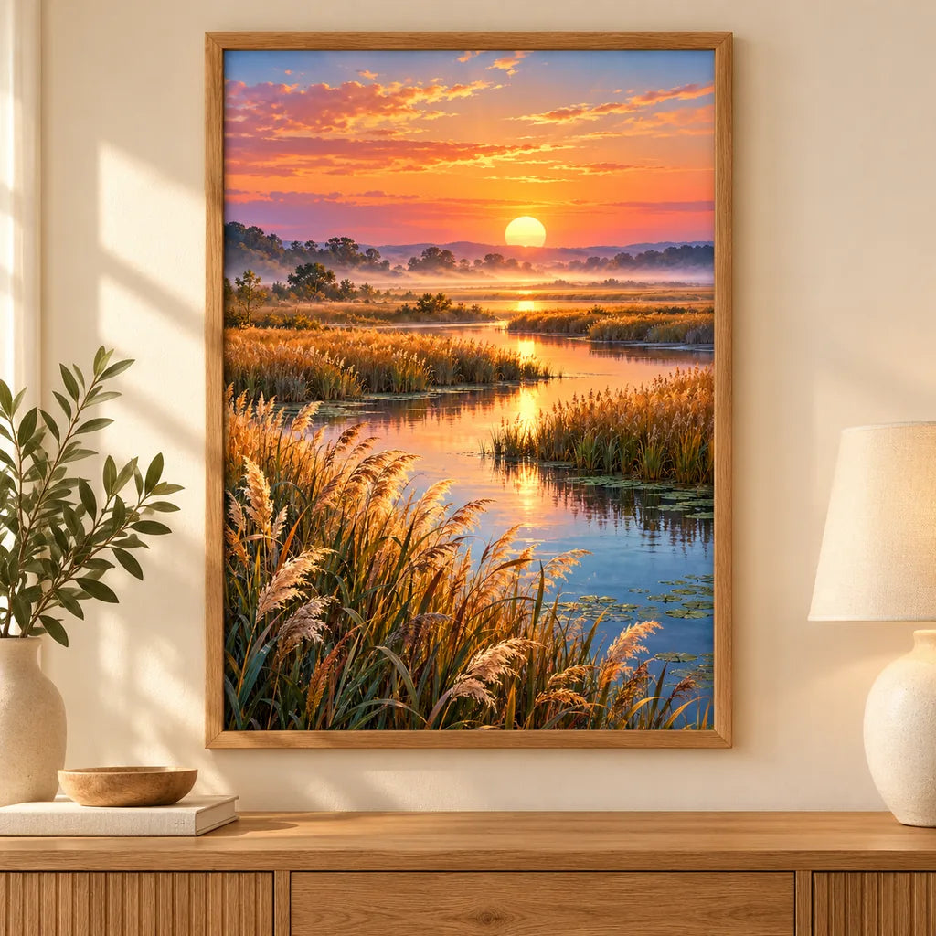 Framed Sunrise Marsh reeds diamond painting displayed in a calm living room.