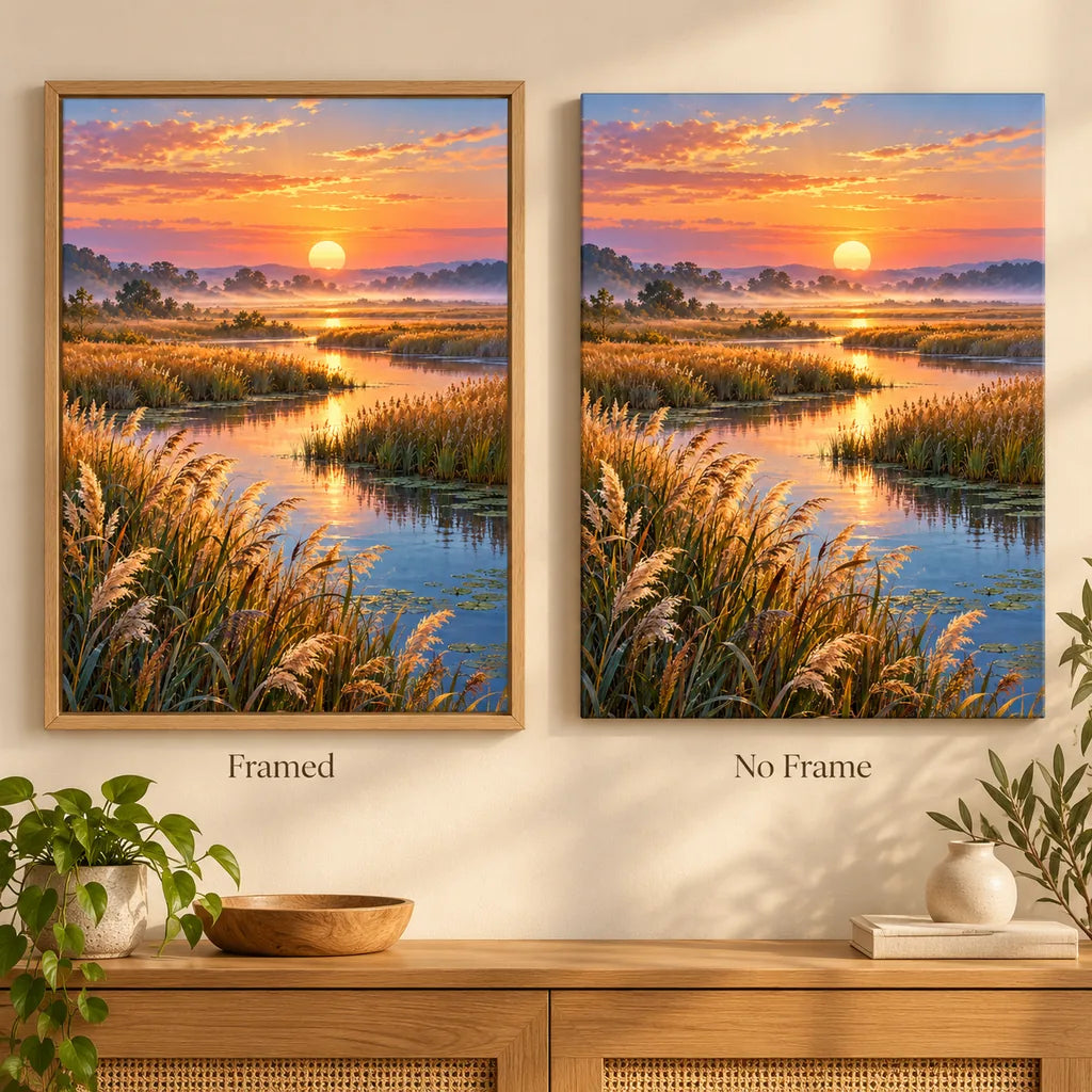 Framed and no-frame Sunrise Marsh reeds diamond painting styles compared.