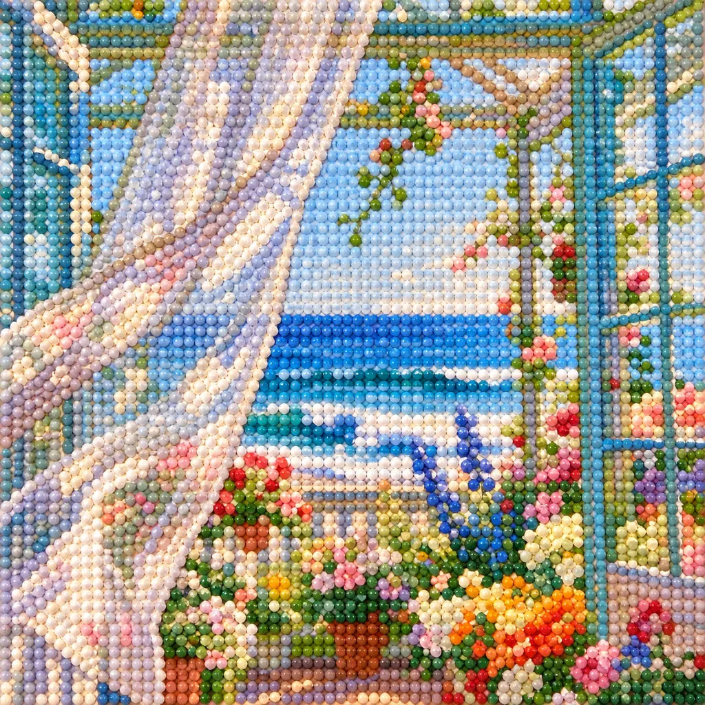 close-up of diamonds on a sunroom by a turquoise sea — detail image, diamond painting kit