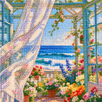 close-up of diamonds on a sunroom by a turquoise sea — detail image, diamond painting kit