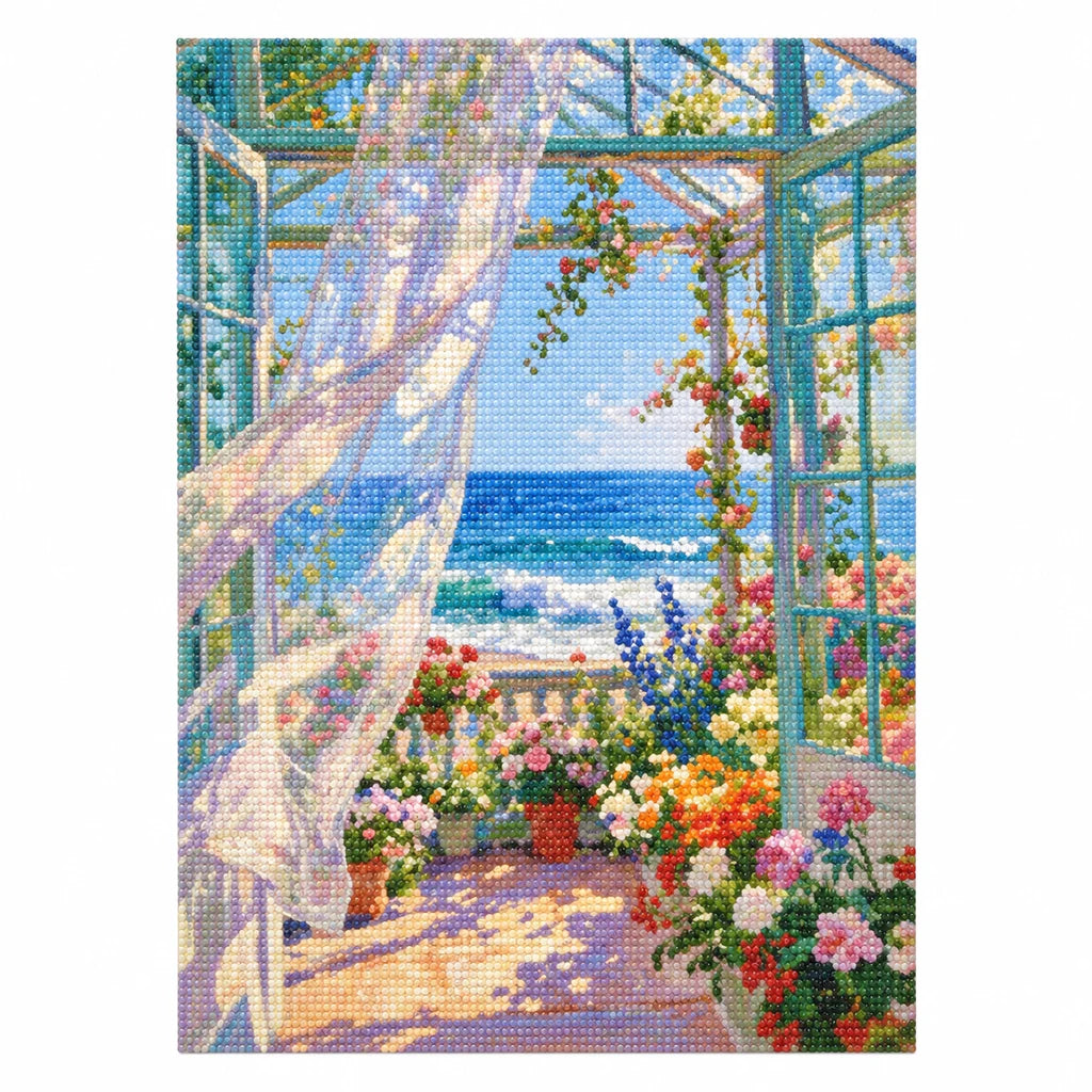 Sunroom Flowers by the Turquoise Sea — finished image, diamond painting kit