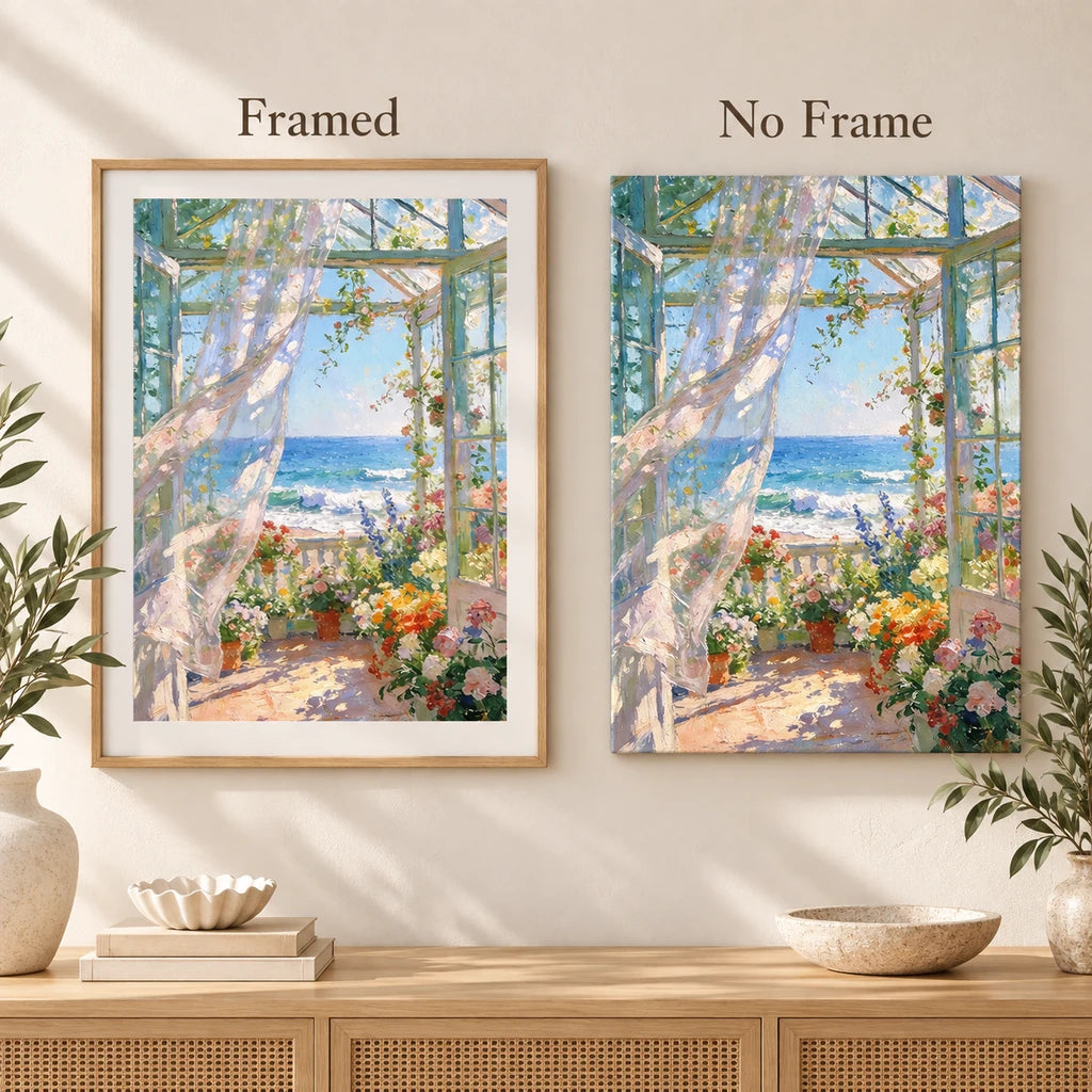 framed and no-frame options for sunroom flowers by the sea — frame comparison image, diamond painting kit