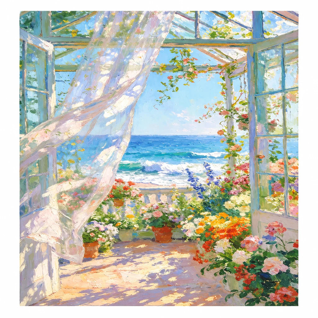 Sunroom Flowers by the Turquoise Sea — original image, diamond painting kit