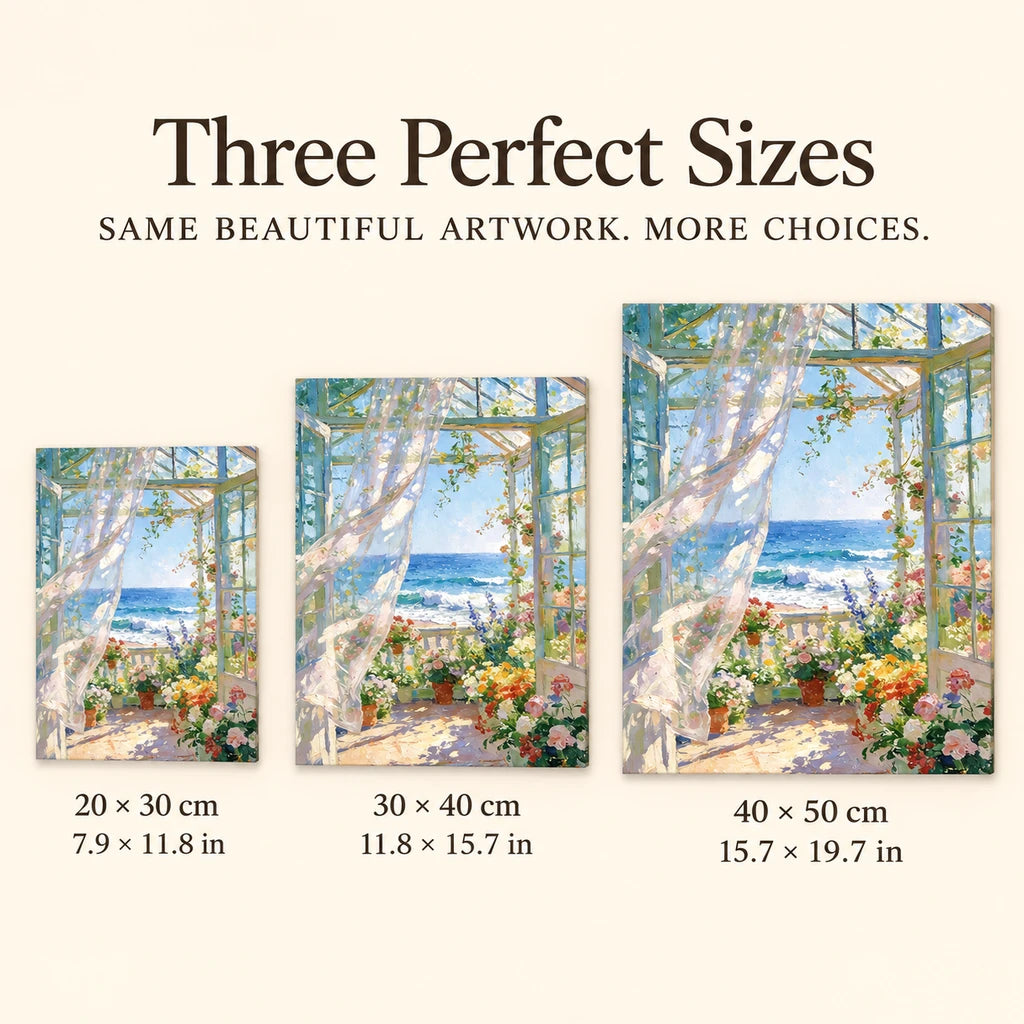 20 × 30 cm, 30 × 40 cm and 40 × 50 cm size options for a sunroom flowers design — sizes image, diamond painting kit