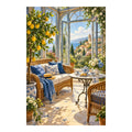 Original white-background artwork of a lemon tree and tea service in a coastal sunroom