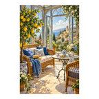 Original white-background artwork of a lemon tree and tea service in a coastal sunroom