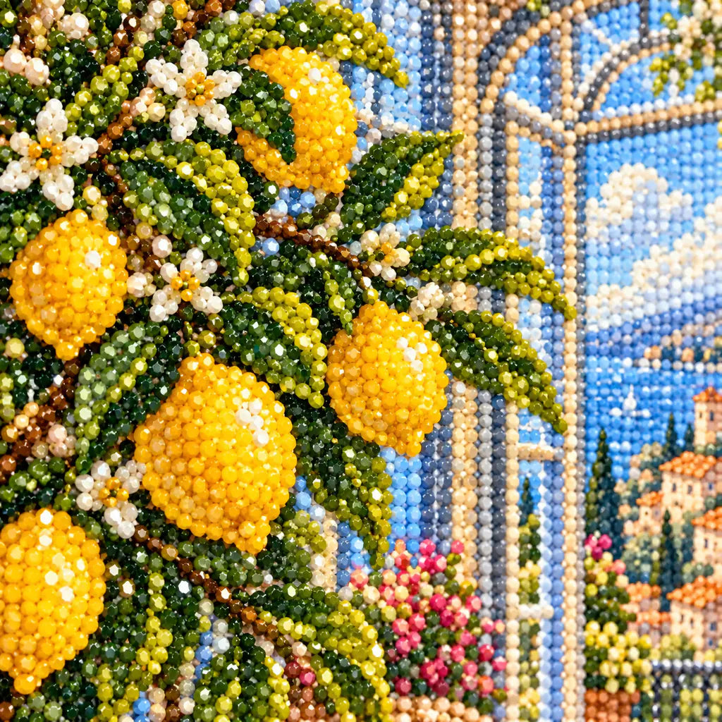 Close-up of diamond drills on the lemons and sunroom flowers