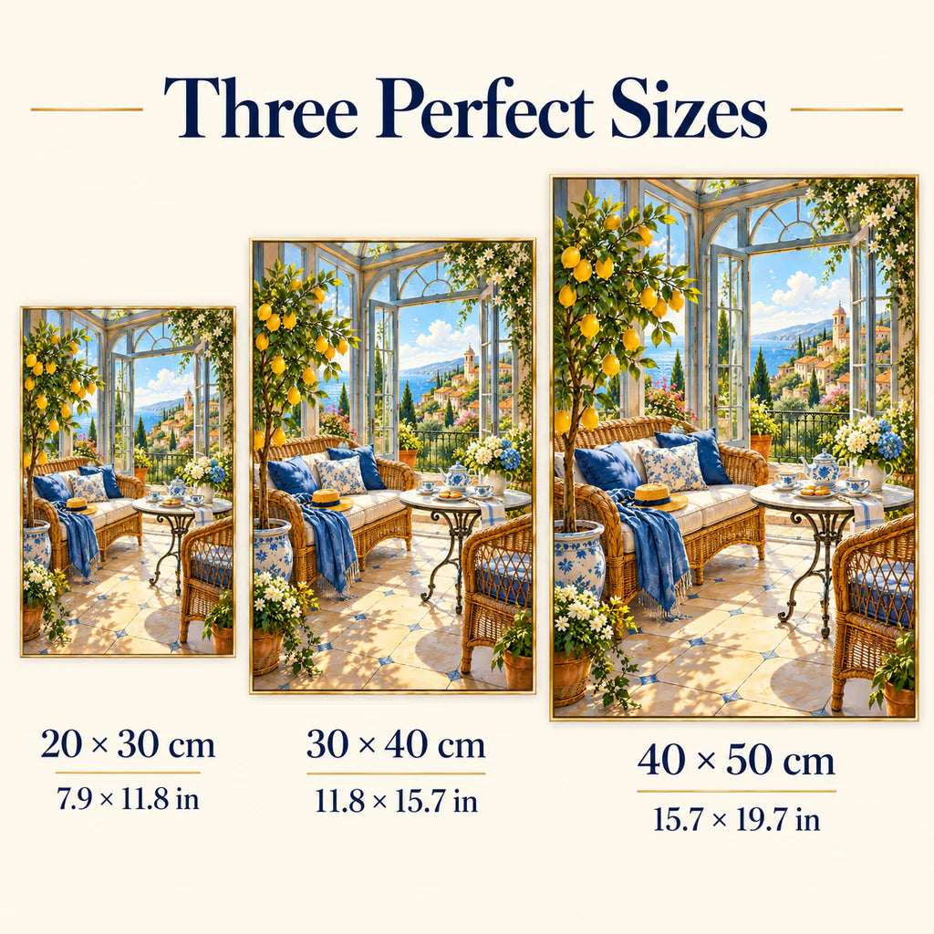 Sunroom lemon tea diamond painting shown in 20 by 30, 30 by 40, and 40 by 50 centimeter sizes