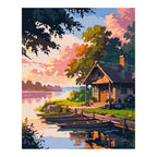 Original artwork for Sunset by the Quiet Dock Diamond Painting Kit, showing a quiet cabin and wooden dock beside sunset water under leafy trees.