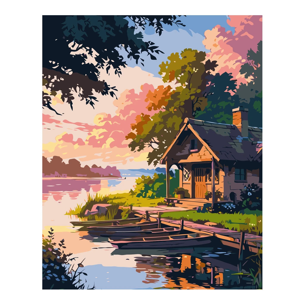 Original artwork for Sunset by the Quiet Dock Diamond Painting Kit, showing a quiet cabin and wooden dock beside sunset water under leafy trees.