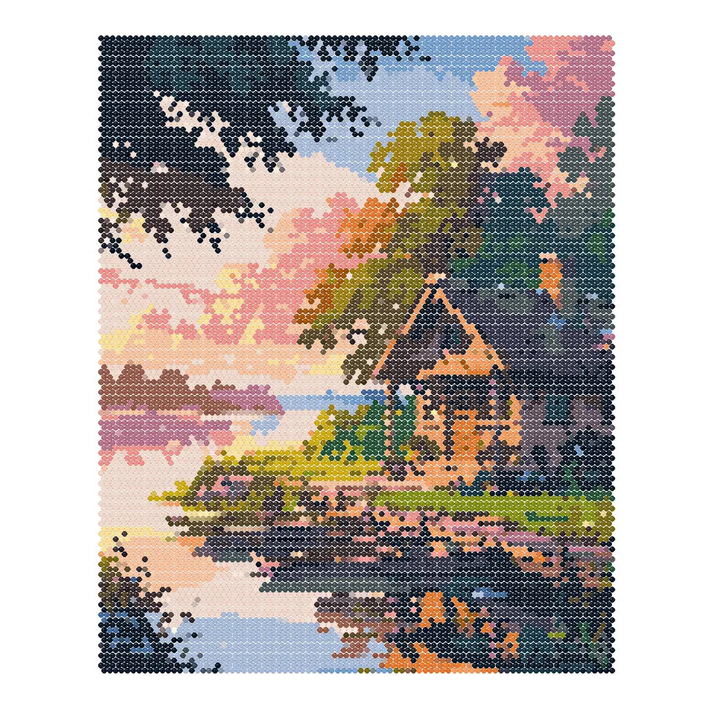Finished diamond painting of a quiet cabin and wooden dock beside sunset water under leafy trees.