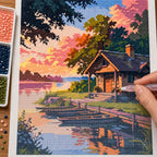 Diamond painting process for Sunset by the Quiet Dock, showing drills being placed over a quiet cabin and wooden dock beside sunset water under leafy trees.