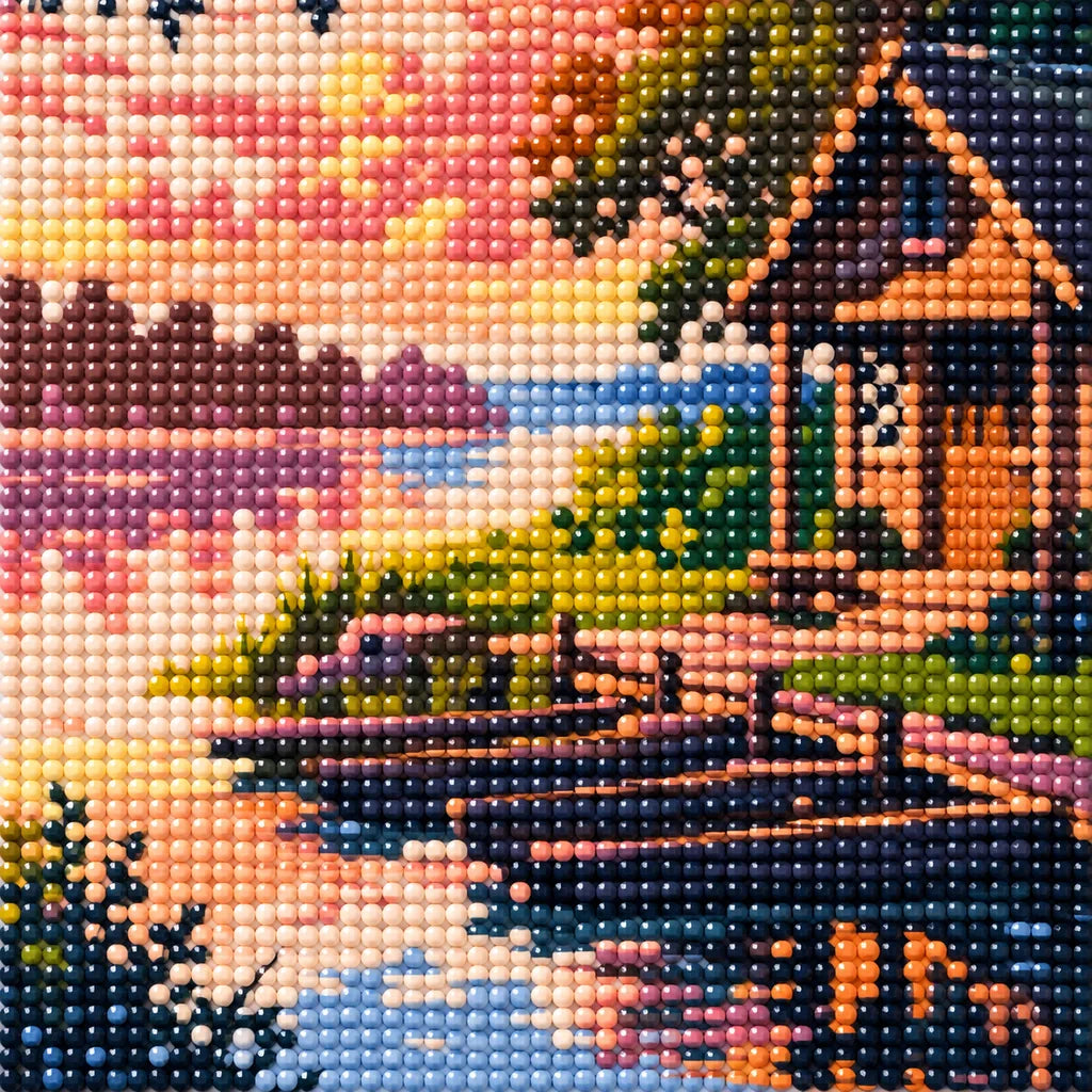 Close-up of drill texture and color in a quiet cabin and wooden dock beside sunset water under leafy trees.