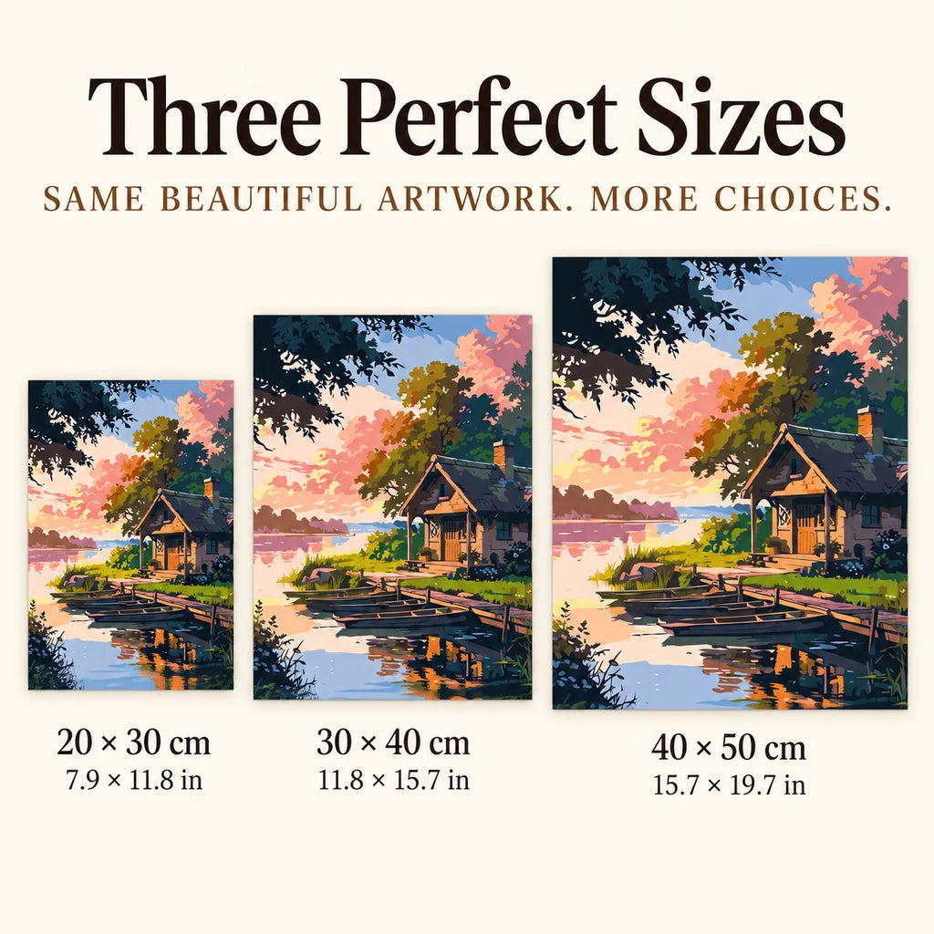 Size guide for Sunset by the Quiet Dock: 20 × 30 cm, 30 × 40 cm, and 40 × 50 cm.