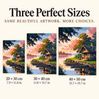 Size guide for Sunset by the Quiet Dock: 20 × 30 cm, 30 × 40 cm, and 40 × 50 cm.