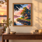 Home decor scene showing Sunset by the Quiet Dock artwork displayed on a wall.