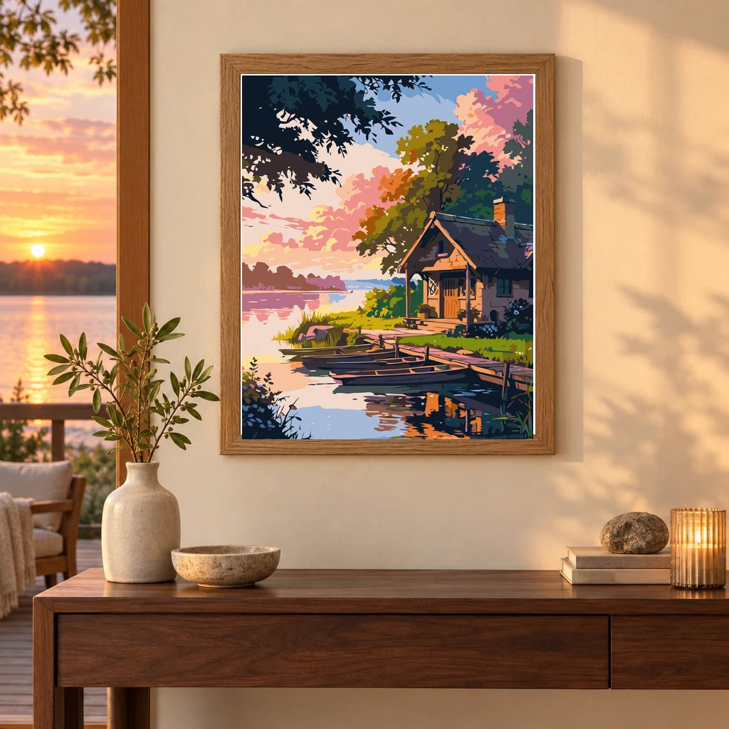Home decor scene showing Sunset by the Quiet Dock artwork displayed on a wall.