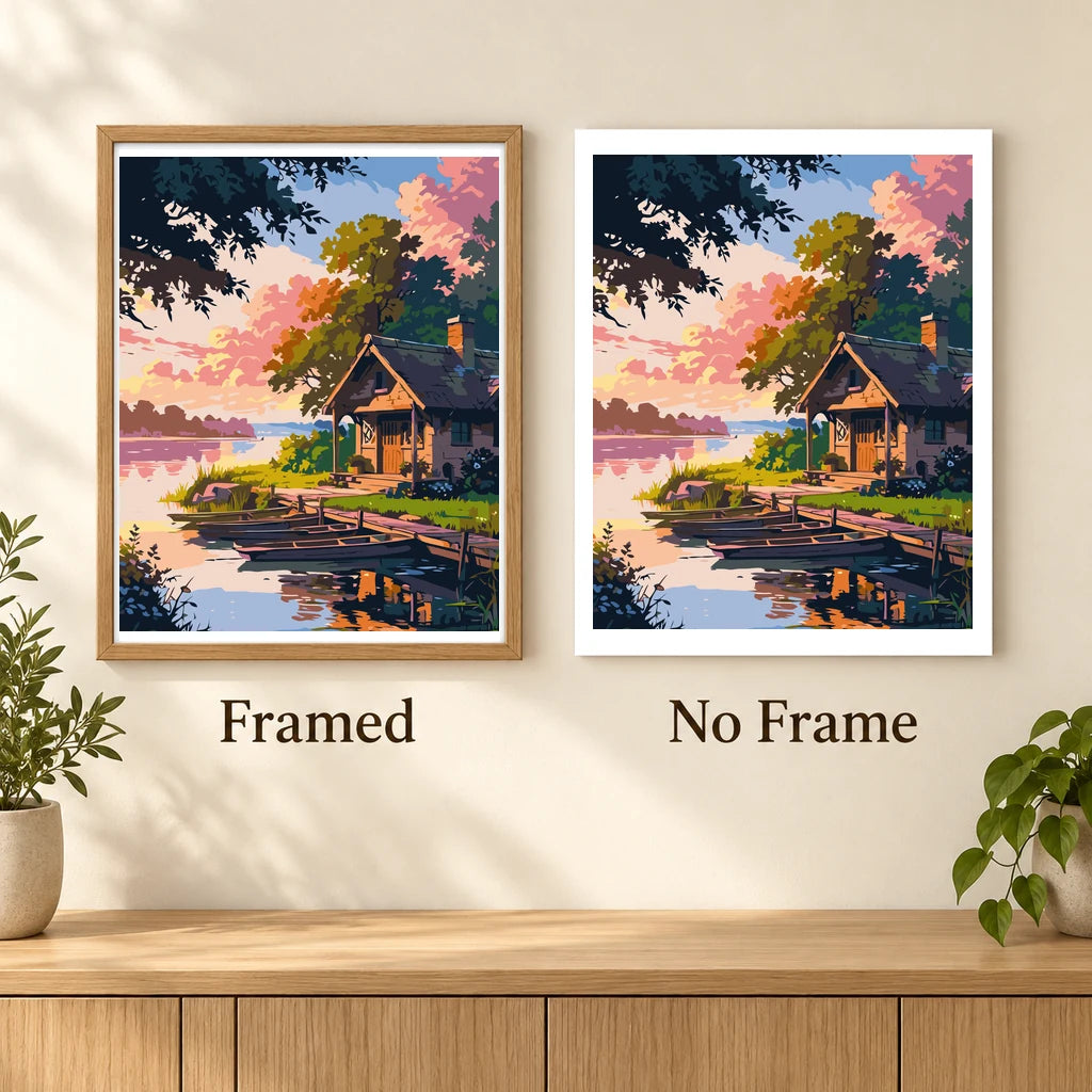 Framed and no-frame comparison for Sunset by the Quiet Dock artwork.