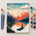 Complete Sunset Mountain Lake Reflection numbered canvas being painted with acrylic paints and brushes