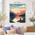 Sunset Mountain Lake Reflection shown in a styled room with 15.7 × 19.7 in and 40 × 50 cm dimensions
