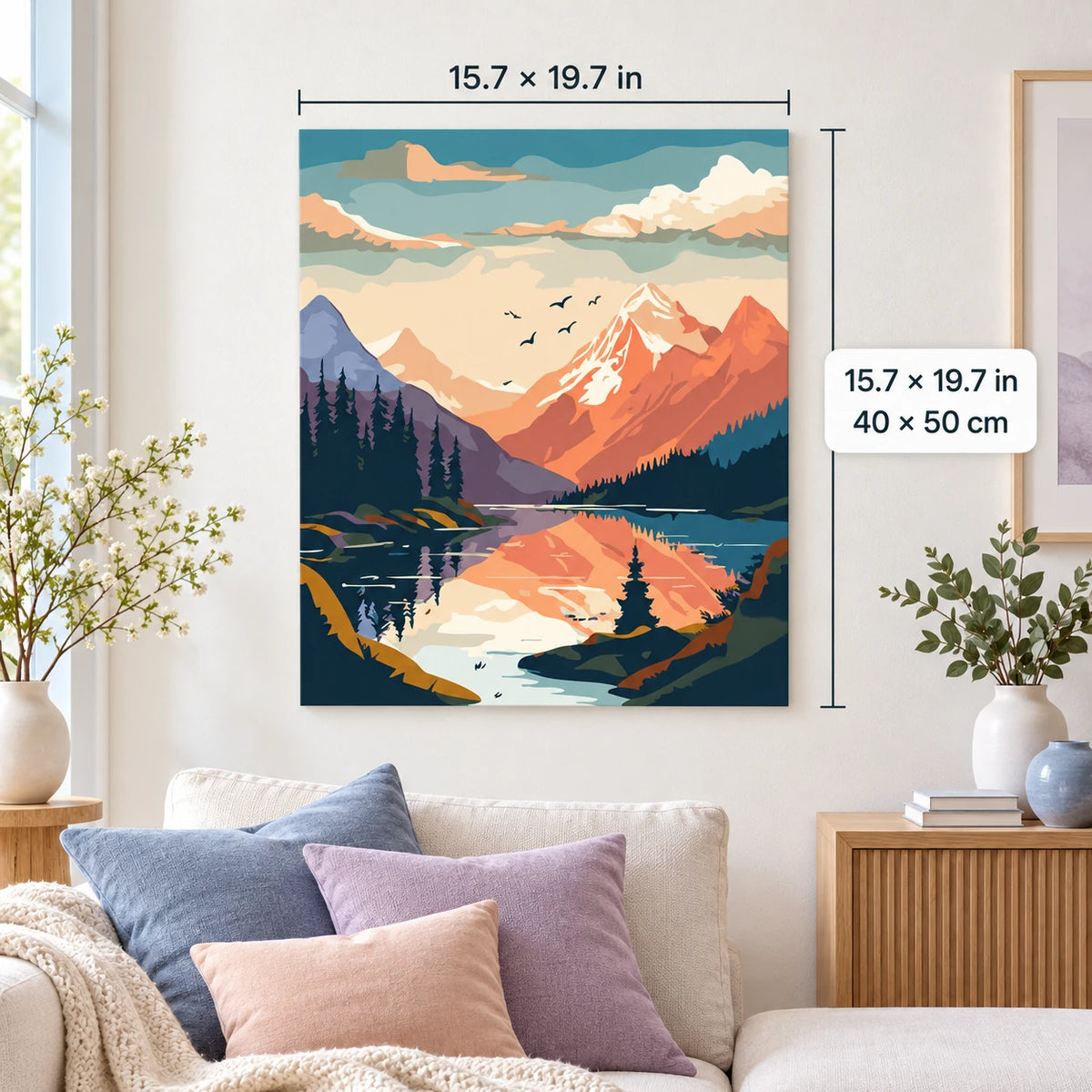 Sunset Mountain Lake Reflection shown in a styled room with 15.7 × 19.7 in and 40 × 50 cm dimensions