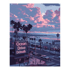 Original artwork for Sunset Over Ocean Drive Diamond Painting Kit, showing a palm-lined coastal street beneath pink and lavender sunset clouds.