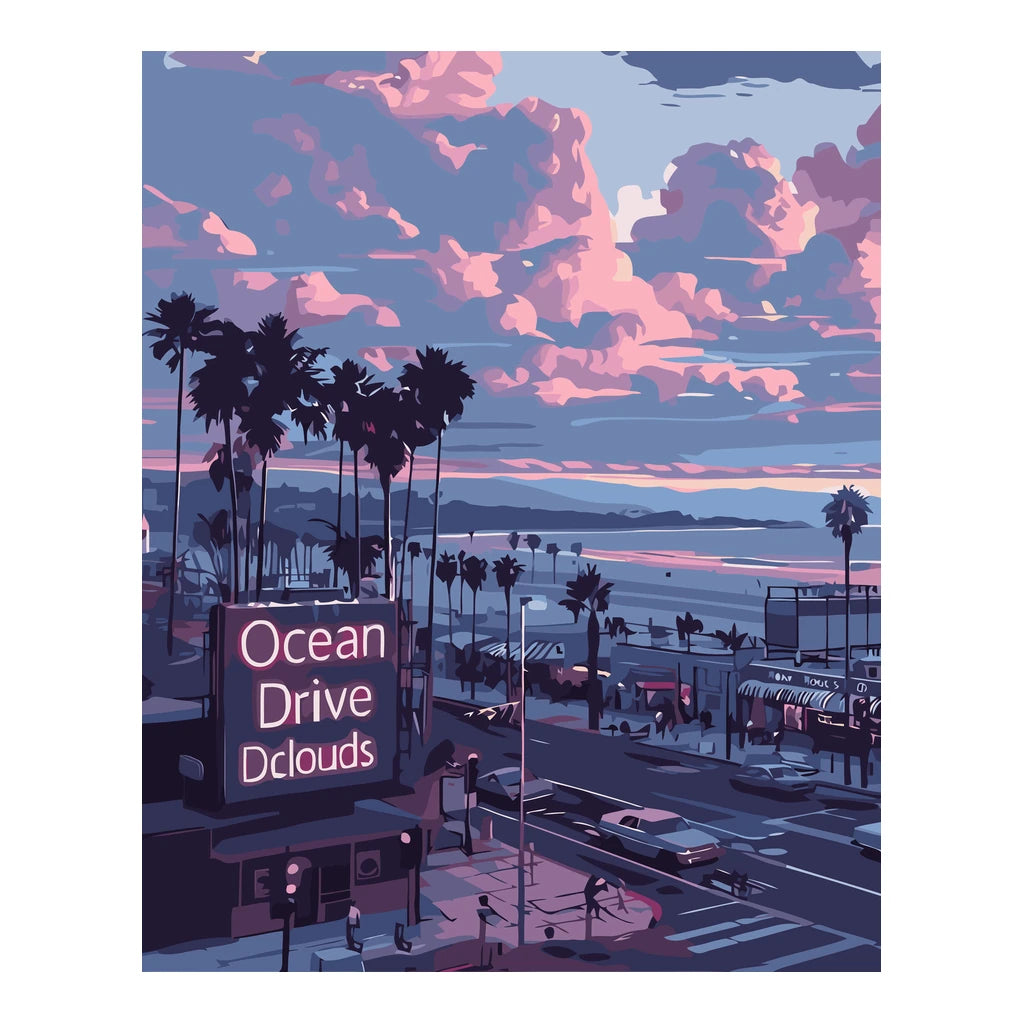 Original artwork for Sunset Over Ocean Drive Diamond Painting Kit, showing a palm-lined coastal street beneath pink and lavender sunset clouds.