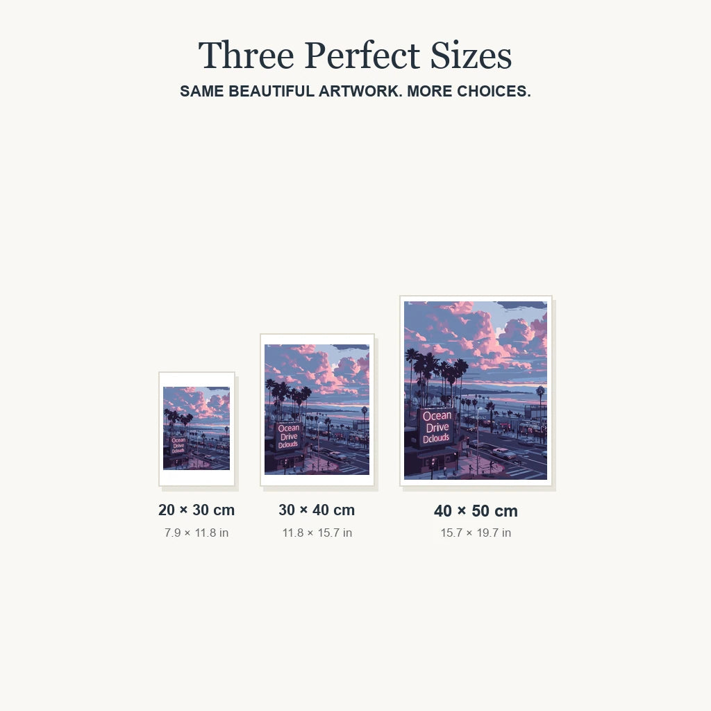 Size guide for Sunset Over Ocean Drive Diamond Painting Kit: 20 × 30 cm, 30 × 40 cm and 40 × 50 cm.