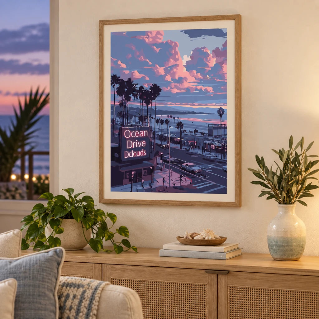 Home decor scene showing the Sunset Over Ocean Drive Diamond Painting Kit artwork displayed in a room.