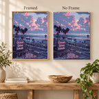 Framed and no-frame comparison for Sunset Over Ocean Drive Diamond Painting Kit, showing the same palm-lined coastal street beneath pink and lavender sunset clouds.