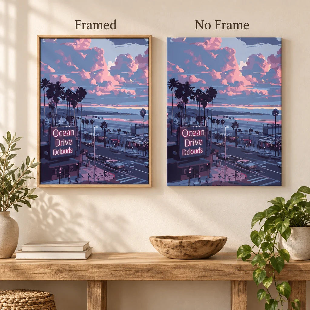 Framed and no-frame comparison for Sunset Over Ocean Drive Diamond Painting Kit, showing the same palm-lined coastal street beneath pink and lavender sunset clouds.