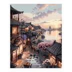Original artwork showing sunset over riverside village.