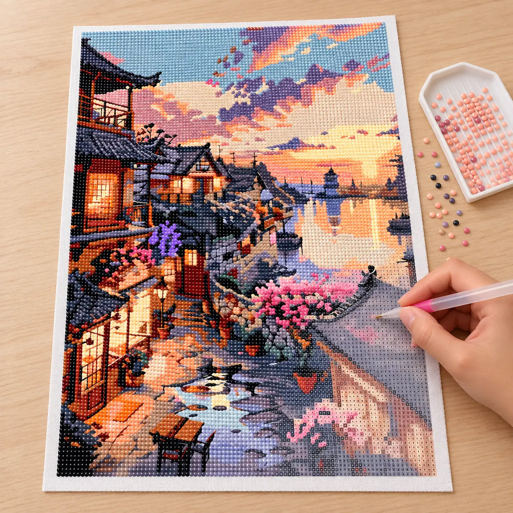Diamond painting process for sunset over riverside village.