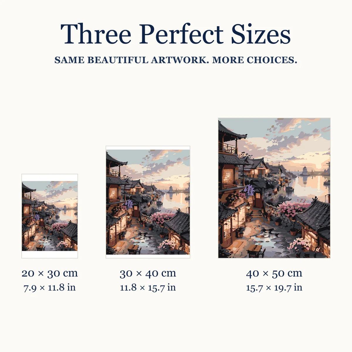 Size guide for Sunset over Riverside Village Diamond Painting Kit: 20 × 30 cm, 30 × 40 cm, and 40 × 50 cm.