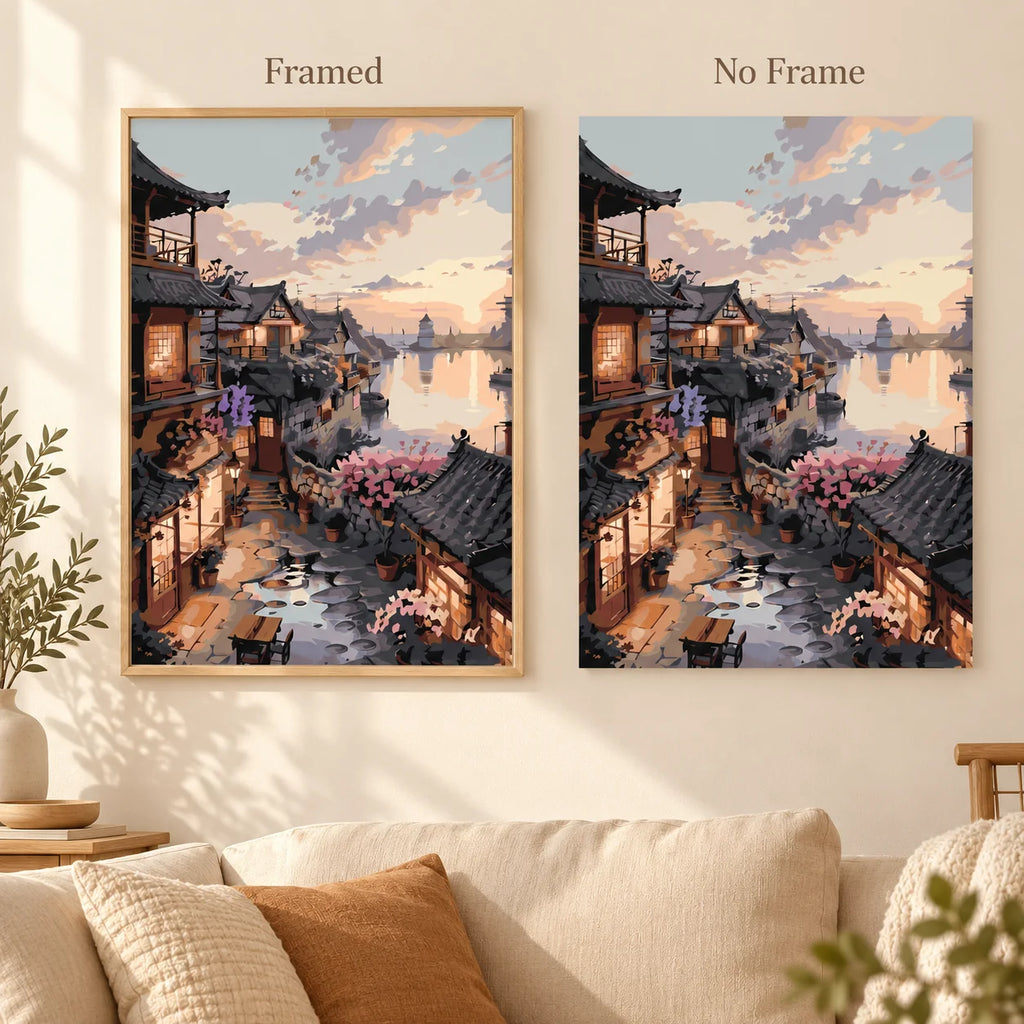 Framed and no-frame comparison for Sunset over Riverside Village Diamond Painting Kit.