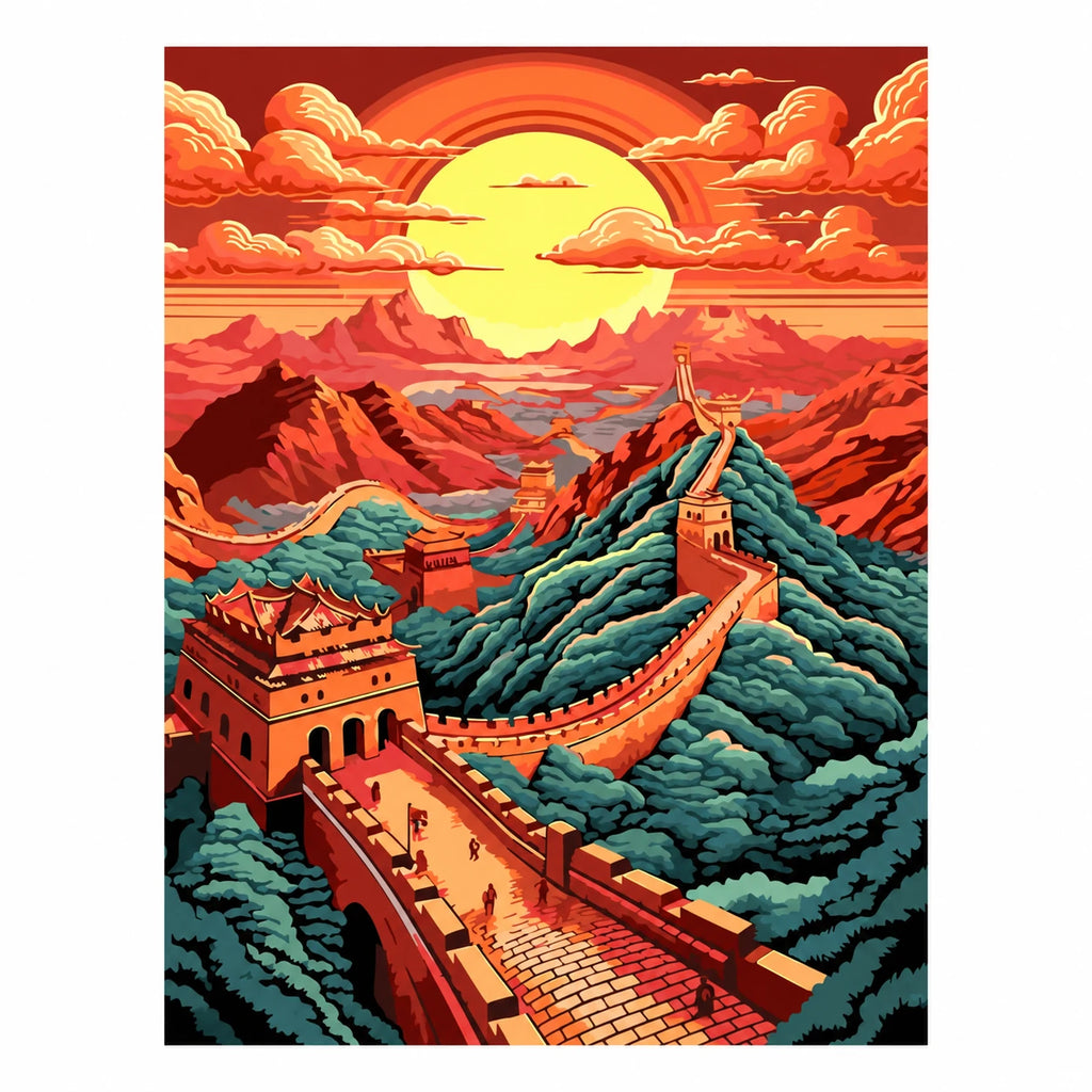 Original artwork for Sunset Over The Great Wall Diamond Painting Kit, featuring the Great Wall winding across mountain ridges beneath a red-orange sunset.