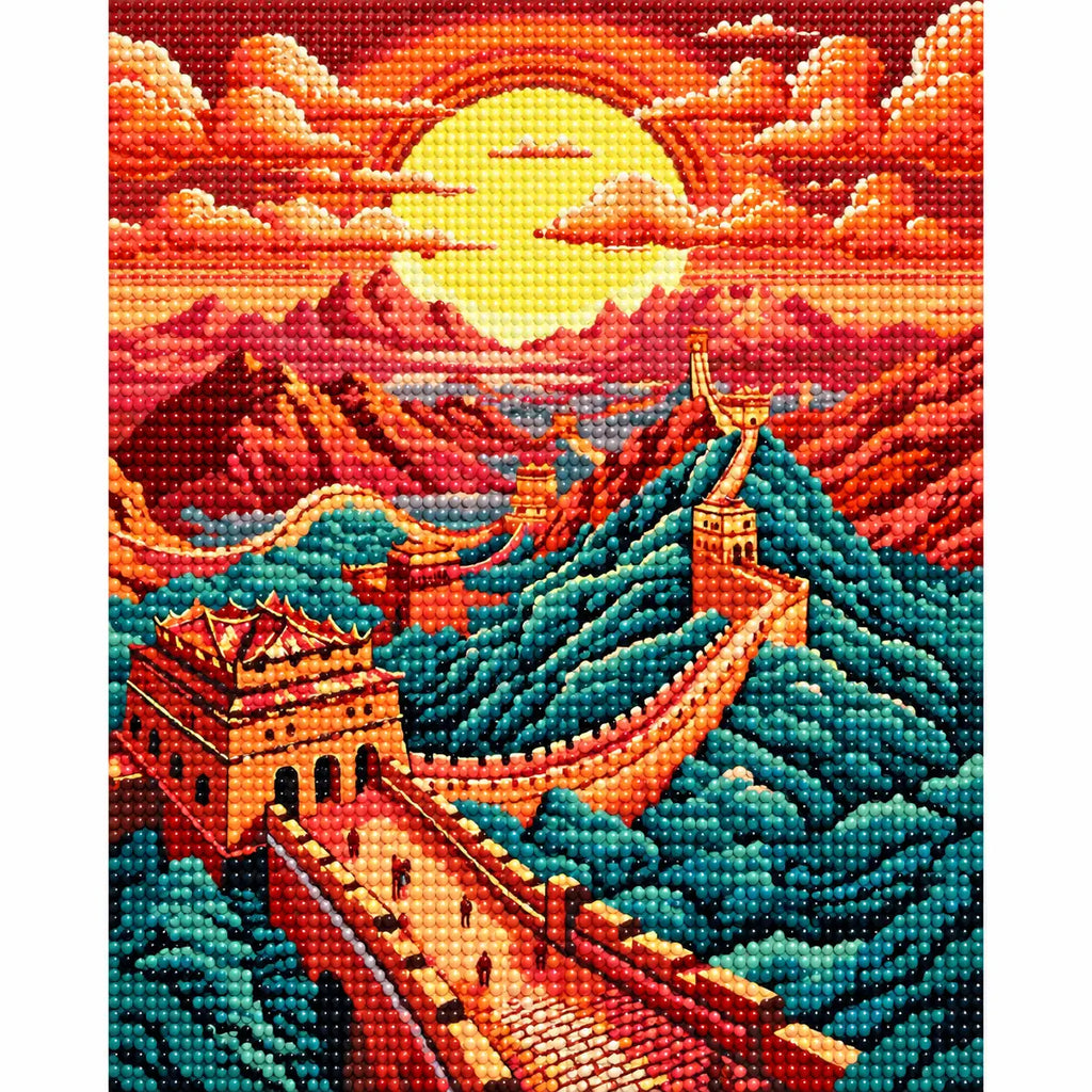 Completed Sunset Over The Great Wall diamond painting showing the Great Wall winding across mountain ridges beneath a red-orange sunset.