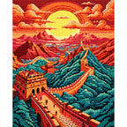 Completed Sunset Over The Great Wall diamond painting showing the Great Wall winding across mountain ridges beneath a red-orange sunset.