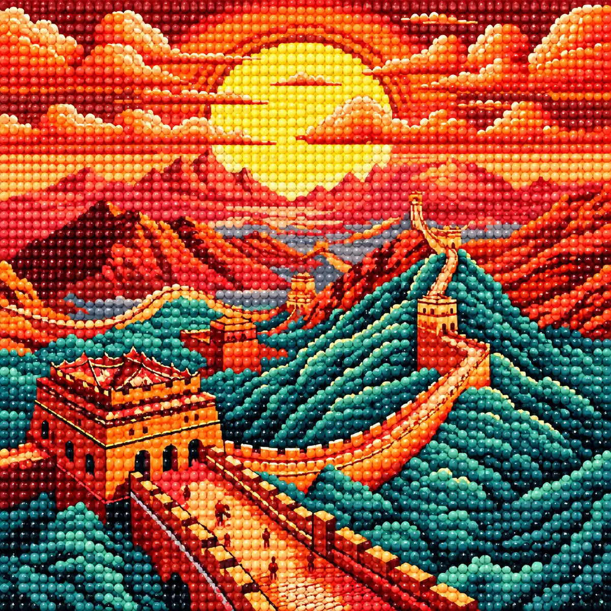 Close-up of drill texture and details in the Great Wall winding across mountain ridges beneath a red-orange sunset.