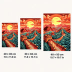 Size guide for Sunset Over The Great Wall Diamond Painting Kit with 20 × 30 cm, 30 × 40 cm and 40 × 50 cm options.