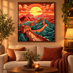 Home decor scene with the Sunset Over The Great Wall diamond painting featuring the Great Wall winding across mountain ridges beneath a red-orange sunset.