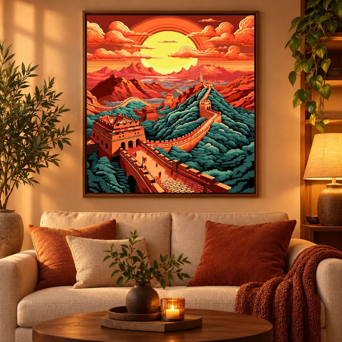 Home decor scene with the Sunset Over The Great Wall diamond painting featuring the Great Wall winding across mountain ridges beneath a red-orange sunset.
