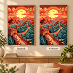 Framed and no-frame comparison for the Sunset Over The Great Wall diamond painting, featuring the Great Wall winding across mountain ridges beneath a red-orange sunset.