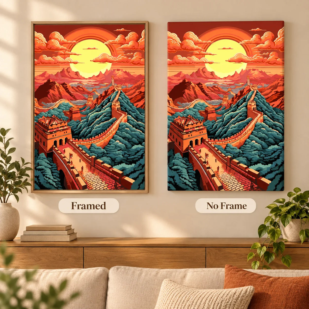 Framed and no-frame comparison for the Sunset Over The Great Wall diamond painting, featuring the Great Wall winding across mountain ridges beneath a red-orange sunset.