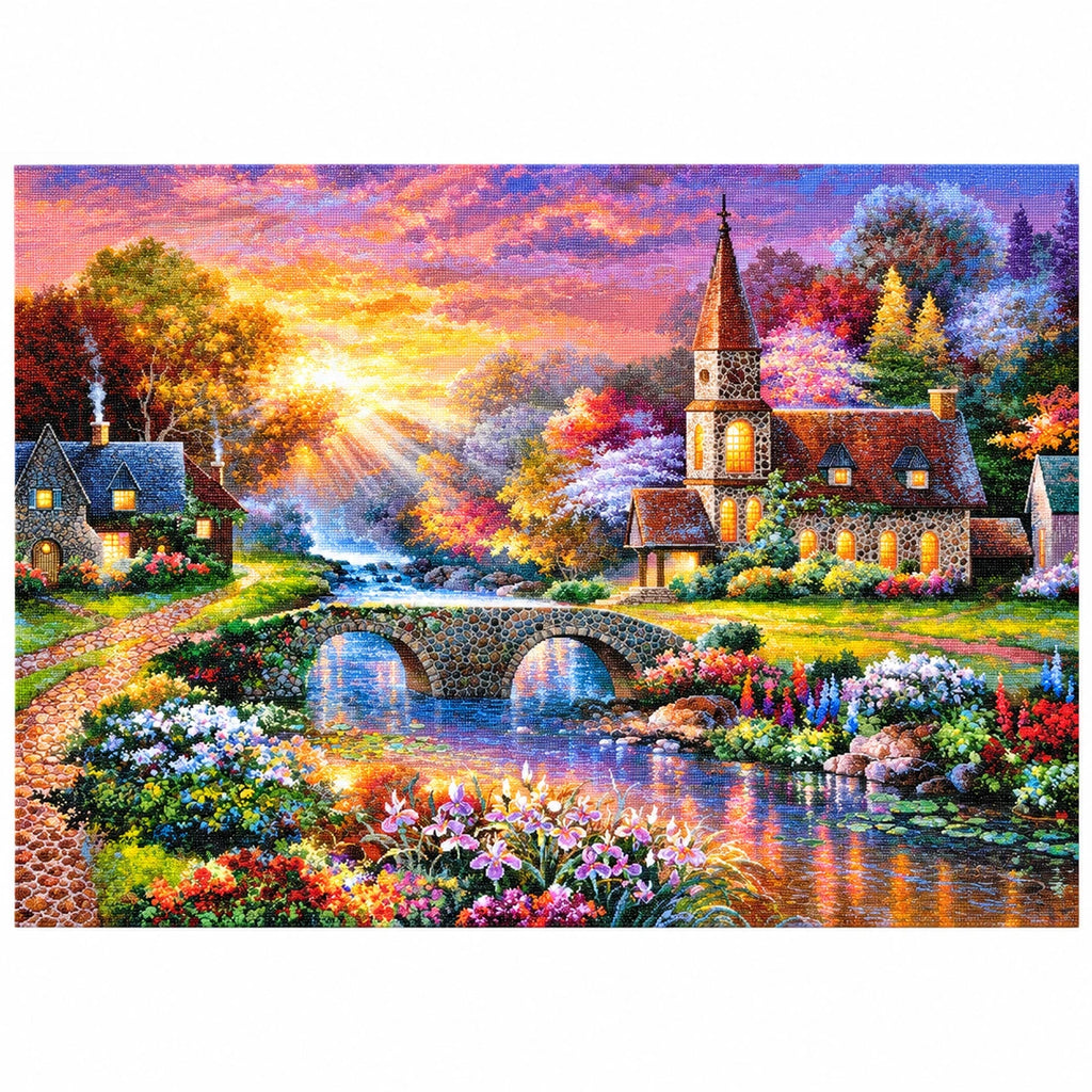 Sunset Riverside Church Diamond Painting Kit finished landscape diamond painting product